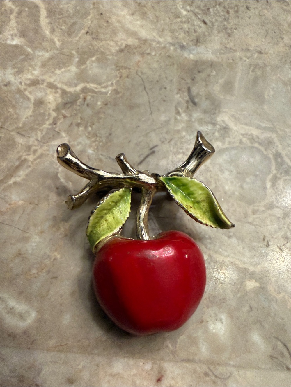 Vintage Gerry’s gold tone and red and green enamel apple brooch
